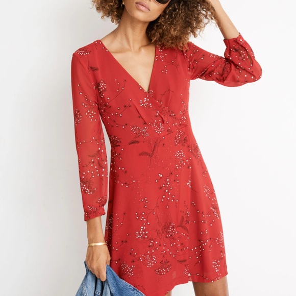 Madewell Dresses & Skirts - Madewell Red Ruched Wrap Dress with Bishop Sleeves